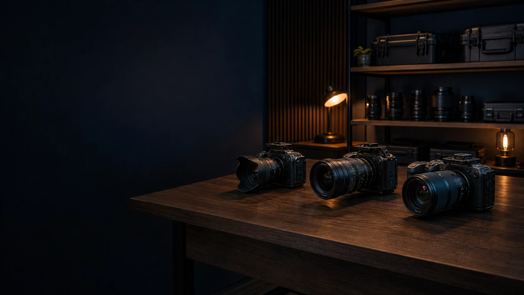 Studio illustration of cameras arranged on a wooden workbench