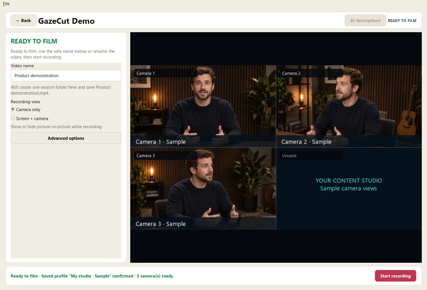 GazeCut sample setup with three camera previews and a Start recording control