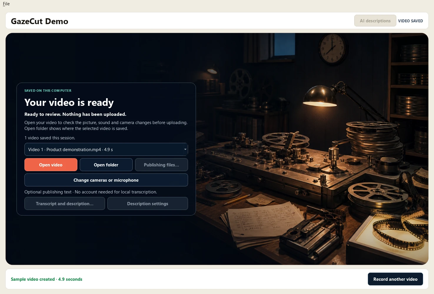 GazeCut's actual video review interface with a saved sample video and controls to open the video or its folder