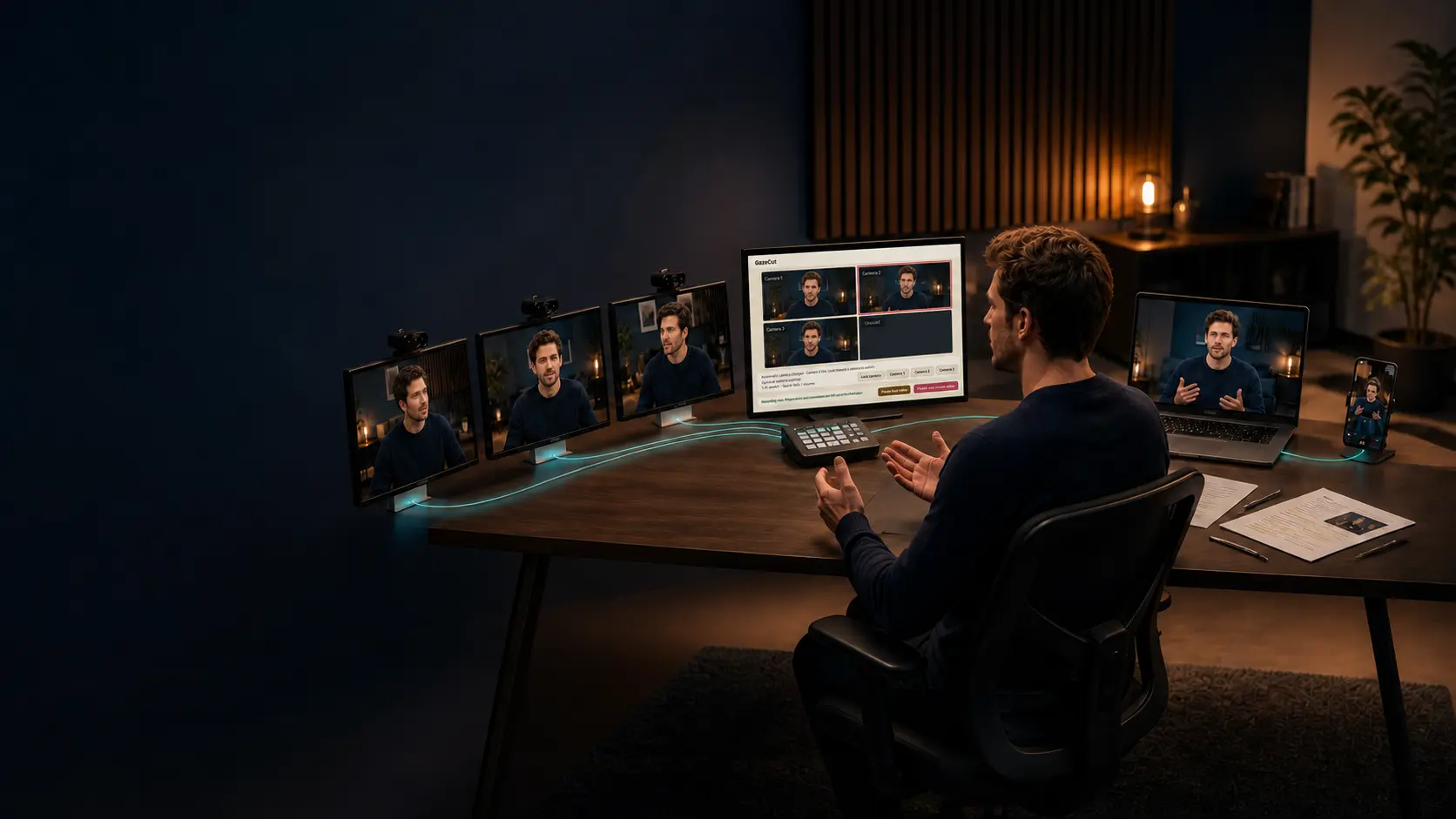 A warmly lit studio imagined for a solo creator with multiple camera views